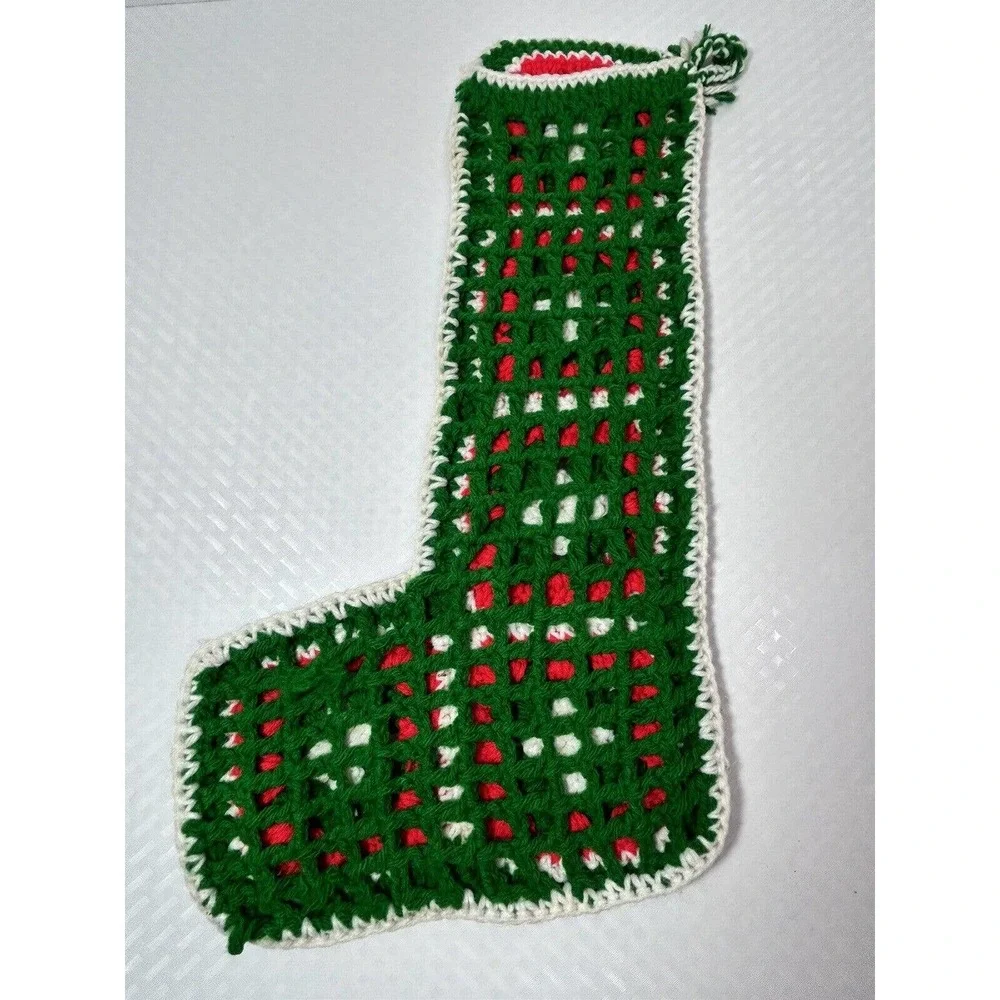 Granny Square Crochet‎ Christmas Stocking Red Green 18” Vtg Hand Made Crafted